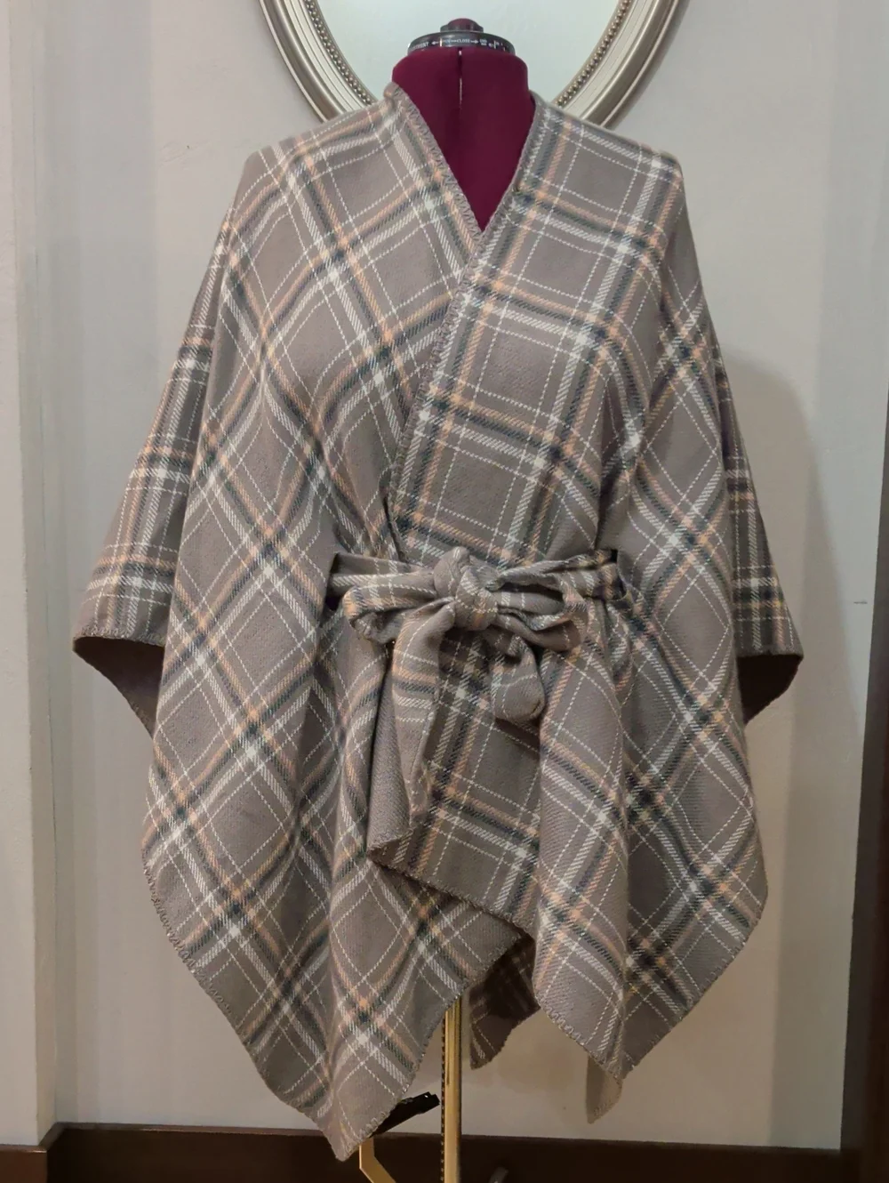 torrid Taupe Plaid Wrap Cape with Self-Tie Belt